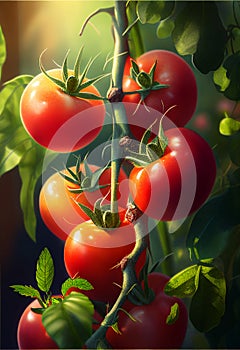 Juicy tomatoes ripen on a bush in the sun. AI generated.