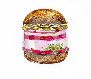 Juicy ukrainian hamburger with lard, pickles, onions, tomatoes and garlic cloves with rye bread watercolor illustration isolated