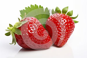 Juicy and vibrant red strawberries with fresh green leaves isolated on a clean white background
