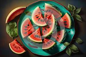 A juicy watermelon slices arranged on a platter, with a few mint leaves scattered on top, generative ai