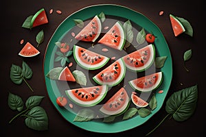 A juicy watermelon slices arranged on a platter, with a few mint leaves scattered on top, generative ai