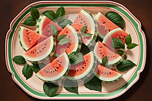 A juicy watermelon slices arranged on a platter, with a few mint leaves scattered on top, generative ai