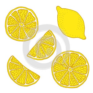 Juicy whole and cut lemon exotic fruit color icons set