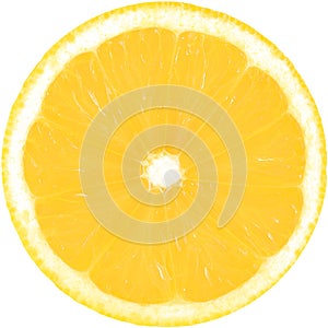 Juicy yellow slice of lemon isolated on a white background with clipping path. The perfect circle of sliced lemon. Citrus fruit.