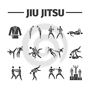 Jujutsu martial art icons. Vector sports signs.