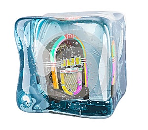 Jukebox frozen in ice cube, 3D rendering