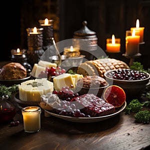 Julebord, a Norwegian Christmas table feast with mulled wine with candles