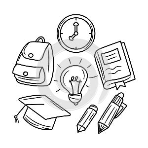 Educational icon set, black white hand drawn vector
