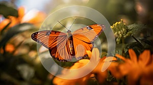 Julia butterfly flies among the flowers