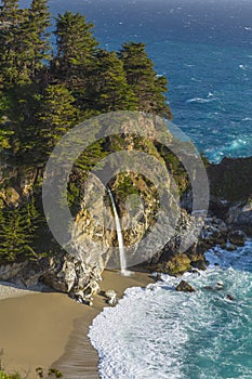 Julia Pfeifer State Park waterfall - fresh water into the Pacific Ocean off Pacific Coast Highway, Route 1, near Big Sur,