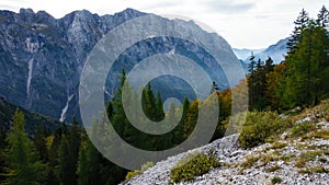 Julian Alps from Mangart panorma road in Slovenia in Autumn