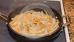 Julienne Cut White Onions Sauteed In a Sauce Pan