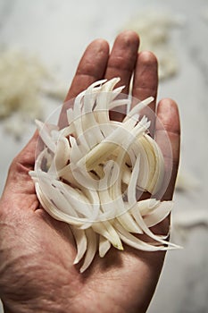 Julienne cuted onions on mans hand. Photo show how does julienne sliced or pole to pole to root to stem or half rings