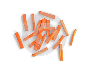 Julienned carrot sticks isolated on white background, top view