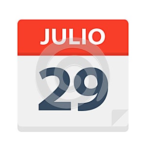 Julio 29 - Calendar Icon - July 29. Vector illustration of Spanish Calendar Leaf