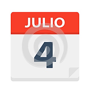 Julio 4 - Calendar Icon - July 4. Vector illustration of Spanish Calendar Leaf
