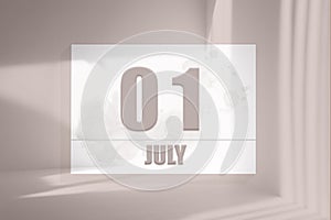 july 01. 01th day of the month, calendar date.White sheet of paper with numbers on minimalistic pink background with