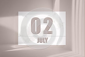 july 02. 02th day of the month, calendar date.White sheet of paper with numbers on minimalistic pink background with