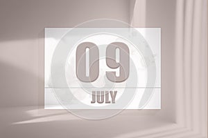 july 09. 09th day of the month, calendar date.White sheet of paper with numbers on minimalistic pink background with