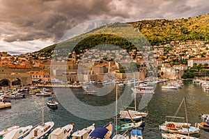 July 16, 2016: Boats docked in the harbor of Dubrovnik, Croatia
