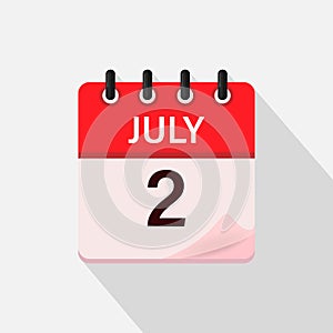 July 2, Calendar icon with shadow. Day, month. Flat vector illustration.