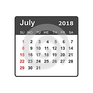 July 2018 calendar. Calendar planner design template. Week start