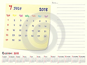July 2018 Calendar Paper Note Design