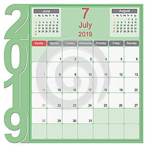 July 2019 Calendar Monthly Planner Design