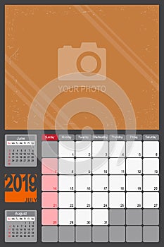 July 2019 Calendar Monthly Planner Design