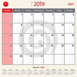 July 2019 Calendar Monthly Planner of Pig Design