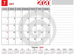 July 2020 Calendar Monthly Planner Design