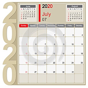 July 2020 Calendar Monthly Planner Design