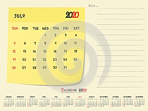 July 2020 Calendar Paper Note Design