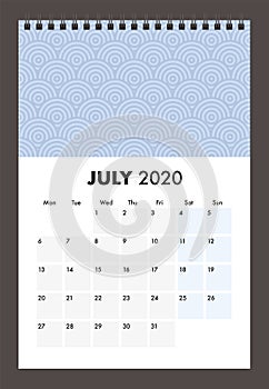 July 2020 calendar with wire band