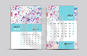 JULY 2020 template, Desk calendar 2020, trendy background, vector layout, printing media, advertisement, a5, a4, a3 size