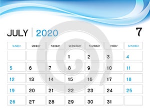JULY 2020 Year Template, Calendar 2020 Vector, Desk Calendar Design, Week Start On Sunday, Planner, Stationery, Printing