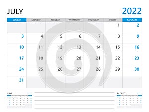 July 2022 year, Calendar planner 2022 and Set of 12 Months,  week start on Sunday. Desk calendar 2022 design, wall calendar design
