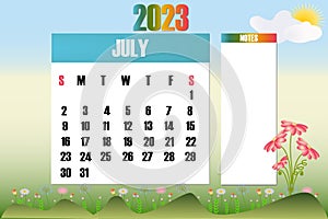 July 2023 - Calendar. Week starts on Sunday