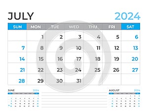 July 2024 page, Calendar 2024 template, Desk calendar 2024 year, planner design, Wall calendar, week starts on sunday, stationery