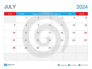 July 2024 template-Calendar 2024 design , Desk Calendar 2024 template, Planner simple, Week starts Sunday, Stationery, Wall