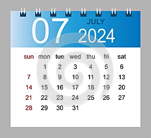 July 2024. Vector monthly calendar template 2024 year in simple style for template design