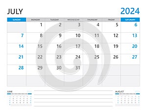 July 2024 year, Calendar planner 2024 and Set of 12 Months, week start on Sunday. Desk calendar 2024 design, simple and clean