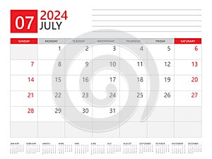 July 2024 year, Calendar planner 2024 and Set of 12 Months, week start on Sunday. Desk calendar 2024 design, simple and clean