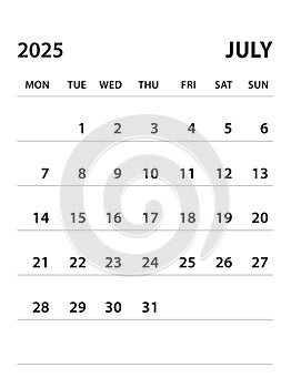 July 2025-Calendar 2025 template vector on white background, week start on monday, Desk calendar 2025 year, Wall calendar design,