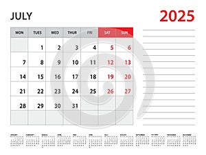 July 2025 year - Calendar 2025 template vector, week start on monday, Desk calendar 2025 year, Wall calendar design, corporate