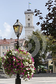 July 22, 2021 Lviv city Ukraine. Svobody Prospekt Lviv. Original lanterns and flowers and landscaping on Svobody Avenue in Lviv