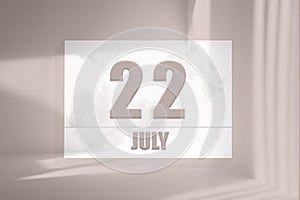 july 22. 22th day of the month, calendar date.White sheet of paper with numbers on minimalistic pink background with