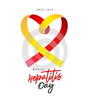 July 28 - World Hepatitis Day. Red and yellow awareness ribbon folded in the shape of a heart. Beautiful lettering