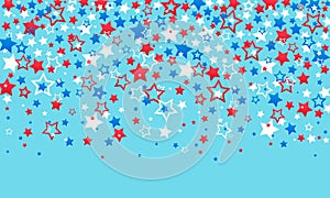 July 4th Independence Day of America. Red blue and white stars decorations of confetti and serpentine on a blue background