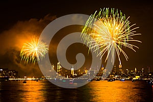 July 4th Independence day fireworks show with skyline over Hudson River